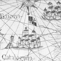 Crop of hand-drawn nautical chart showing two cities in Spain