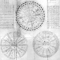 Circunferências e tabelas para representação de cálculos astronómicos; circunferência graduada com mecanismo giratório (Desenho à pena, sépia).