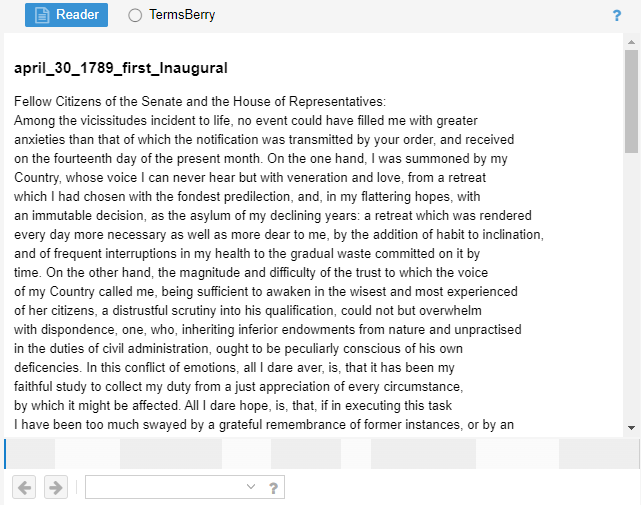 Voyant Tools interface showing the 'Reader' window, where the full text of documents is displayed. A bar graph on the side indicates the length of each document in the corpus.