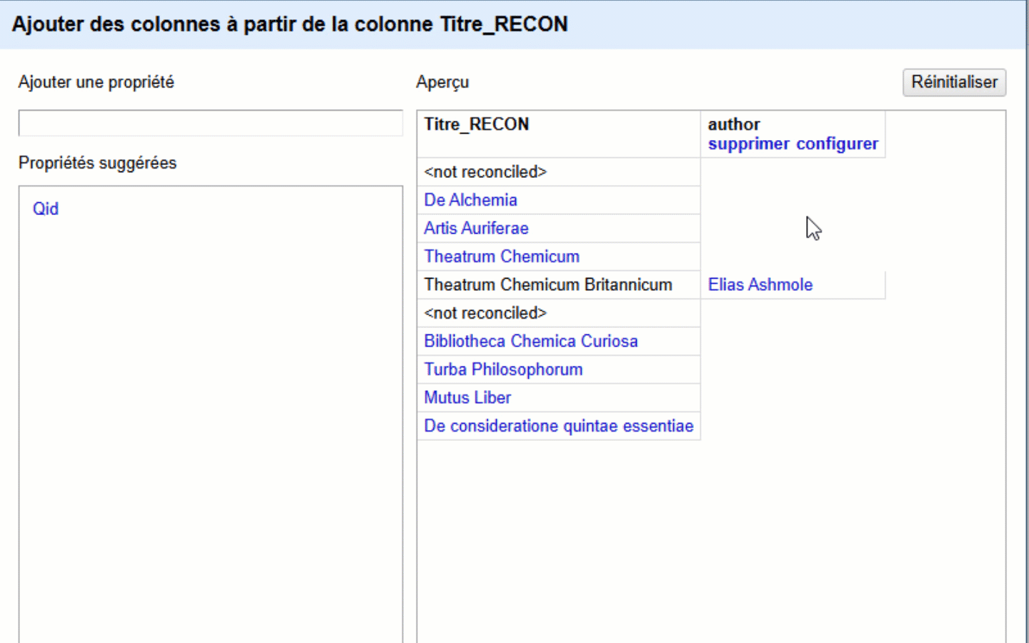 Animation montrant comment ajouter des données issues de sources externes en saisissant des noms de données, ici des propriétés de Wikidata.