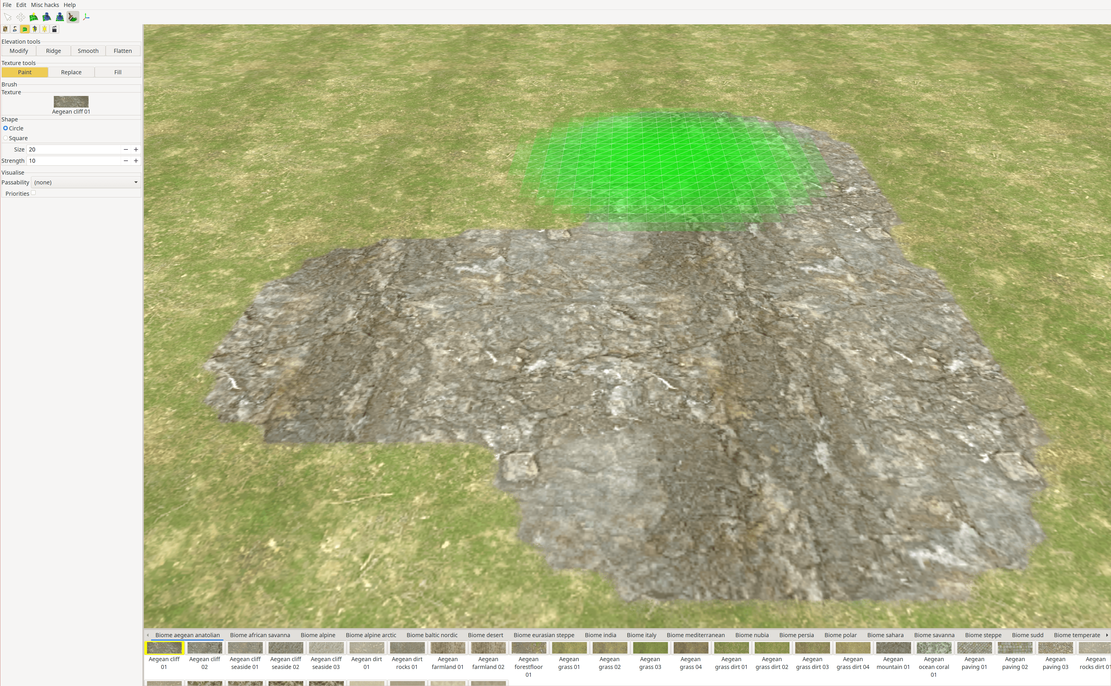I have the 'Terrain' settings menu open with the 'Paint' tool open, and I have selected the Biome 'Aegean cliff 01' as a sample to spread across the terrain.